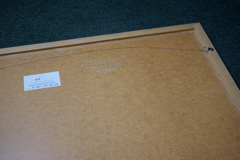 Tył obrazu olejnego wykonanego na podłożu z płyty drewnopochodnej.