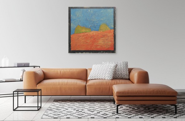 Obraz kolorowy z dominującym kolorami pomarańczowym i błękitnym z czarną, cienką obwódką.