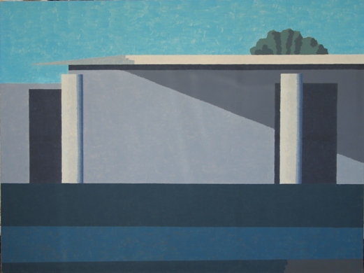 architektura, dom, budynek, szary, niebieski, minimalizm, stonowane kolory, jasne barwy, geometria, proste kształty