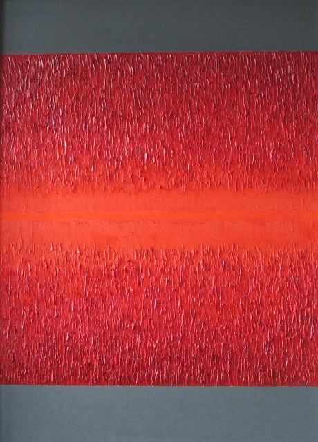 obraz abstrakcyjny, czerwona kompozycja, czerwień, gruba warstwa farby, ślady pędzla