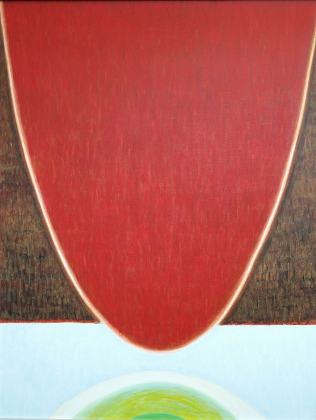 Obraz olejny przedstawiający geometryczną abstrakcję z czerwonym łukiem nad jasnym tłem, kontrastującym z zieloną, kolistą formą.