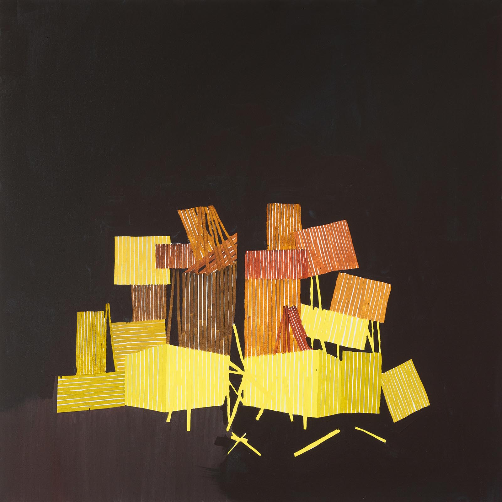 Abstrakcyjna kompozycja geometryczna z żółtymi i brązowymi prostokątami na czarnym tle, przypominająca niestabilną konstrukcję.