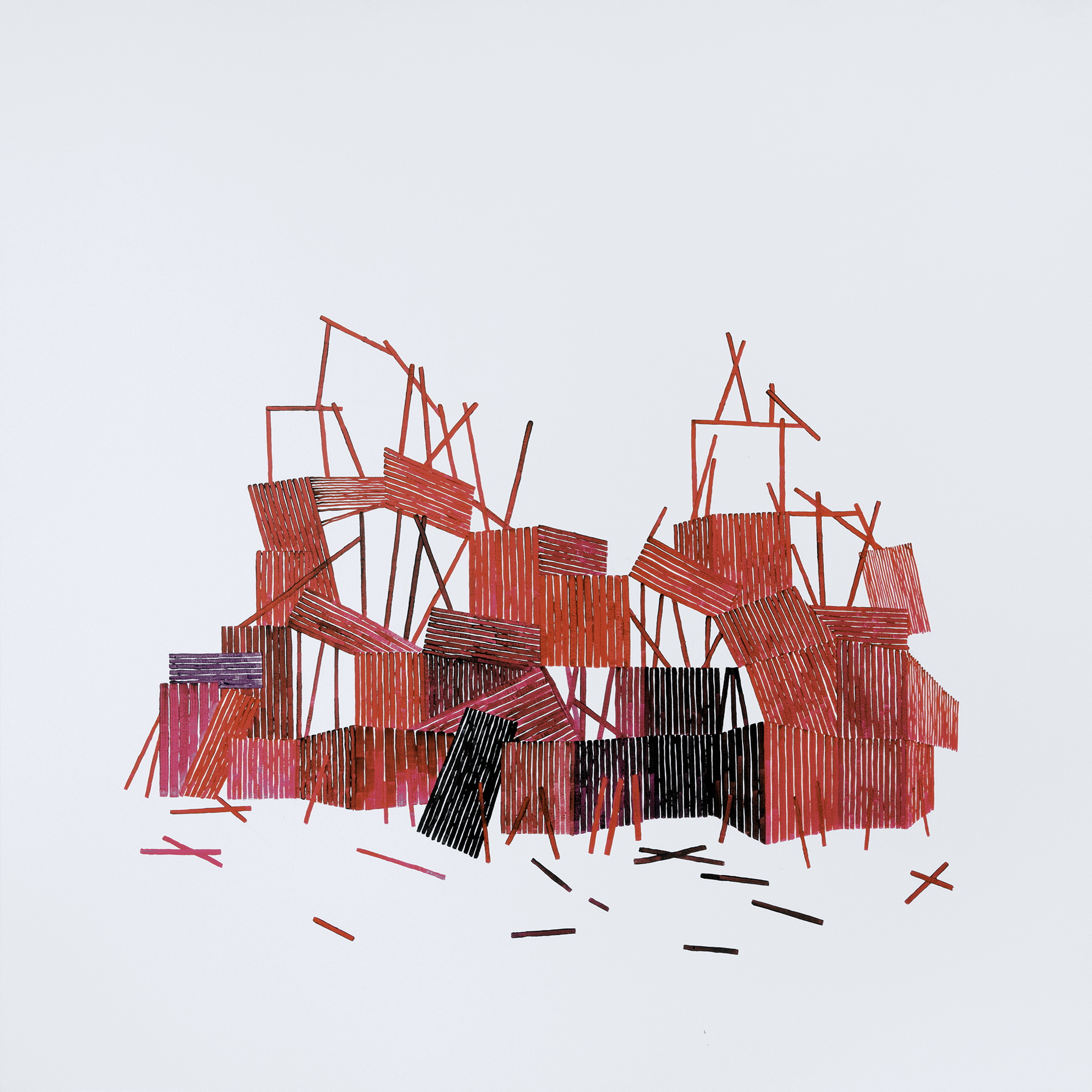 Minimalistyczna abstrakcja z geometrycznymi kształtami w odcieniach czerwieni i czernią na białym tle, dynamiczna kompozycja.