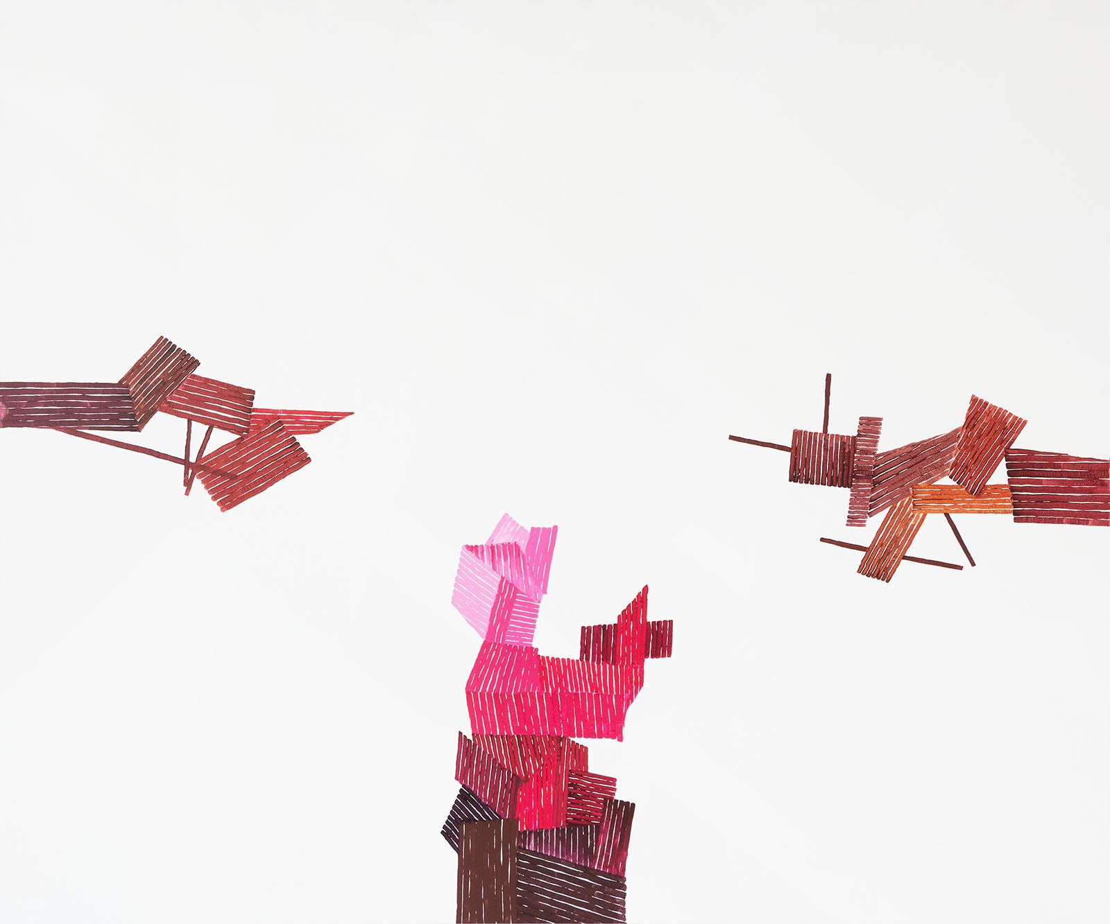 Minimalistyczna abstrakcja z geometrycznymi kształtami w odcieniach czerwieni i brązu na białym tle, dynamiczna kompozycja.