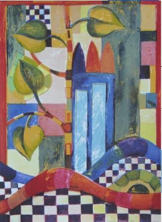 kompozycja kolorowa , widoczne liście, kolumna zakończona trzeba ostrymi formami