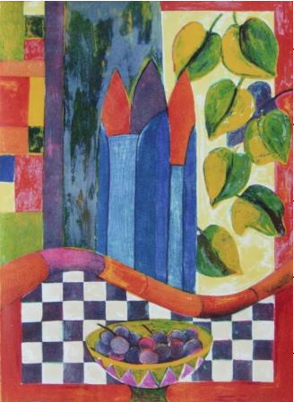 martwa natura z misą z owocami, liśćmi na wielobarwnym tle