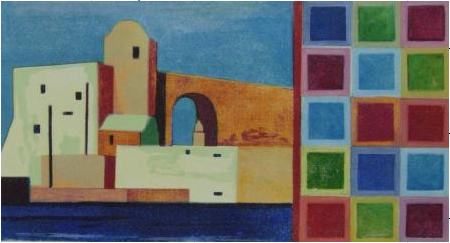 kompozycja dwudzielna, budynek w stylu arabskim, różnokolorowe kwadraty