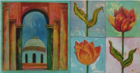 kompozycja dwudzielna, kopuła budynku widziana w świetle łuku bramy, dwa kwiaty