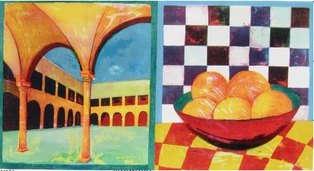 kompozycja dwudzielna, dziedziniec renesansowy, misa z owocami na kolorowym tle