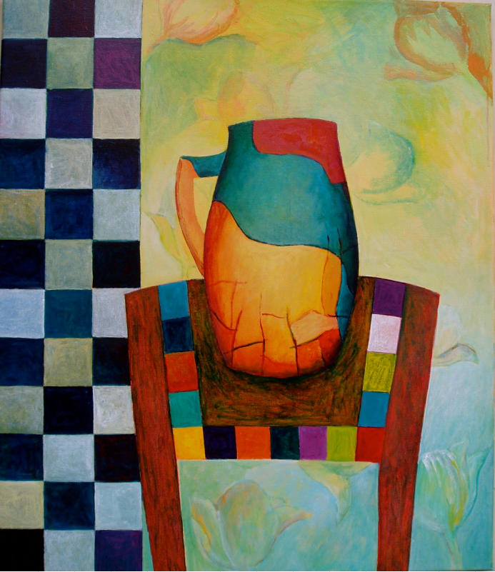 martwa natura , kolorowy wazon na stoliku