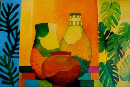 martwa natura z trzema wazonami, w tle liście