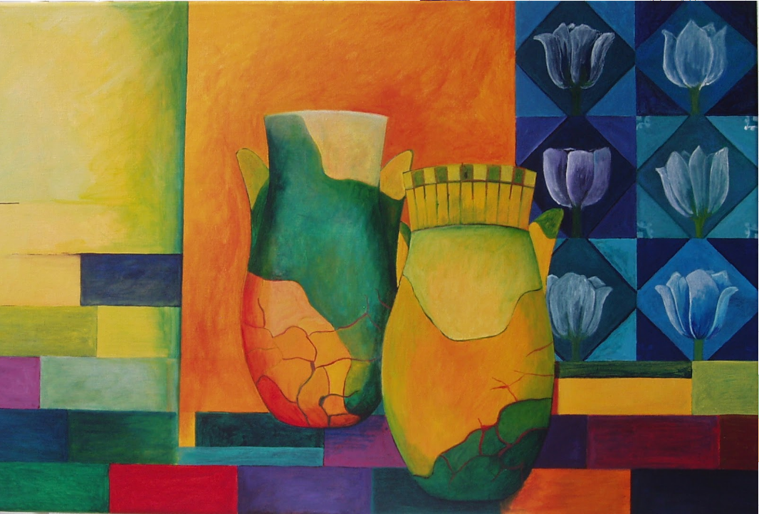 martwa natura z dwoma wazonami , w tle kolorowe prostokąty i 6 kwiatów