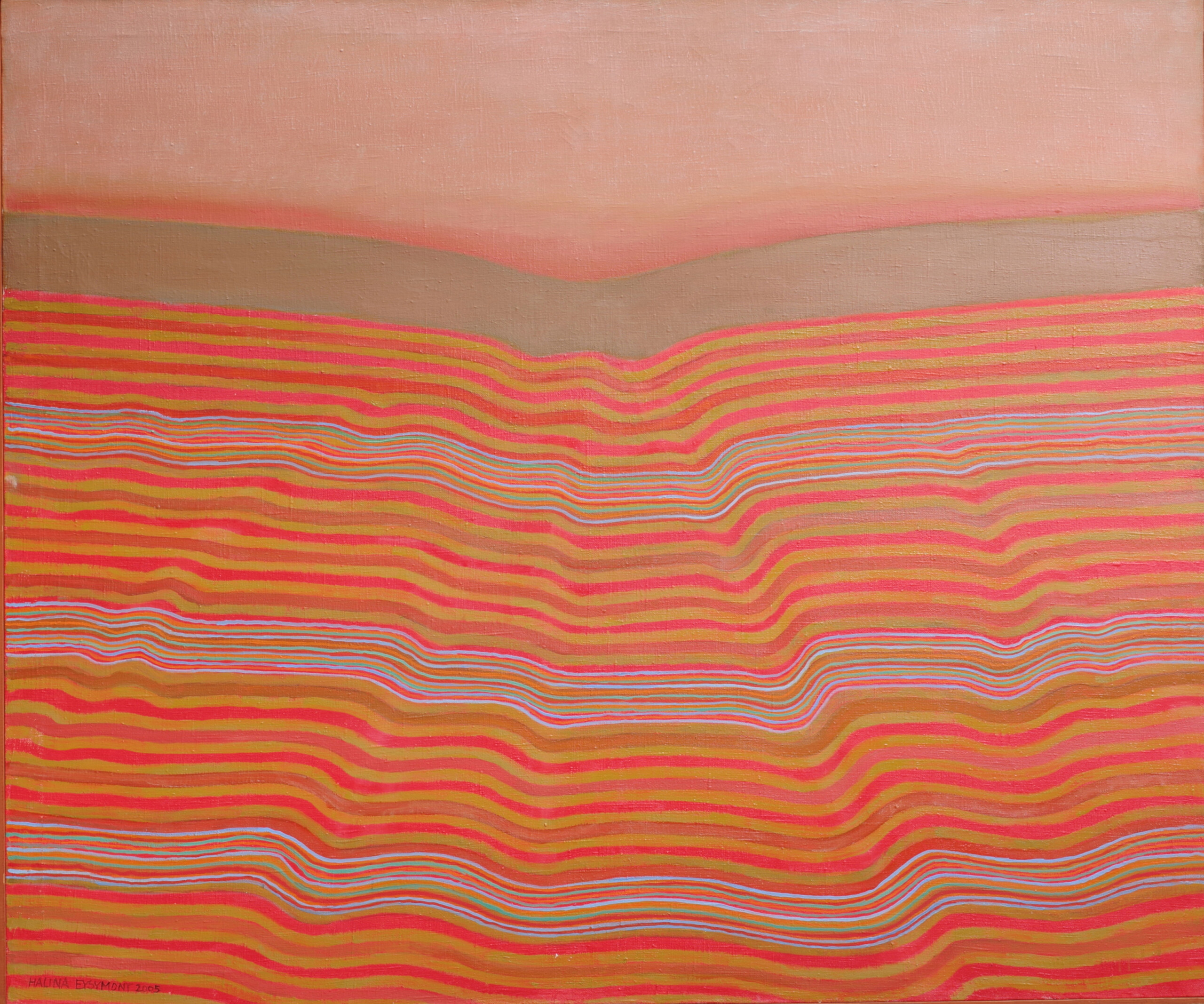 minimalistyczny pejzaż, falujące pola lub fale z czerwonym oświetleniu