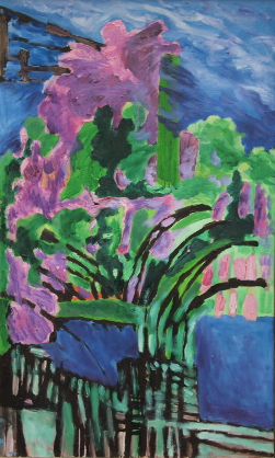 ciemnoróżowe kwiaty na niebieskim tle