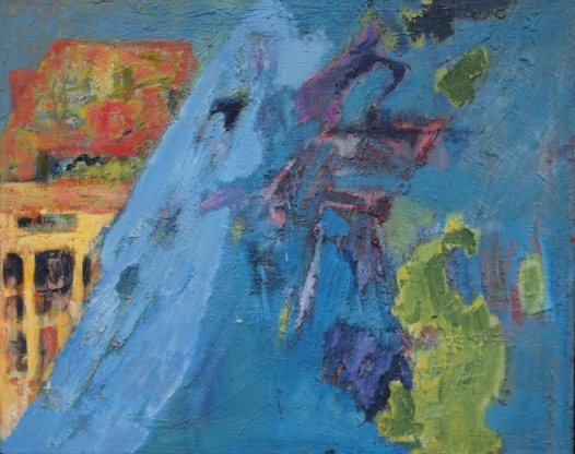 abstrakcyjny pejzaż, za niebieską górą wyłaniają się zarysy budynków