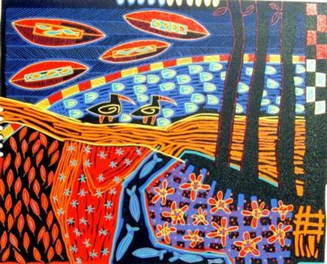 kolorowy pejzaż z łódkami i ptakami, tematyka dziecięca