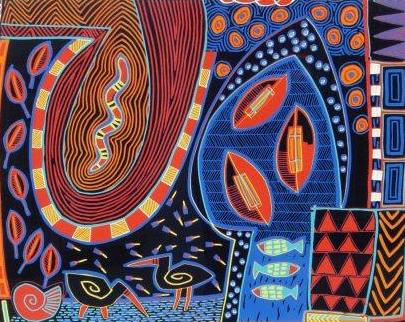 kolorowy pejzaż z ptakami, rybami i łódkami, tematyka dziecięca