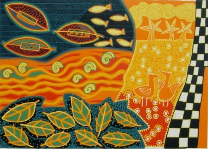 kolorowy pejzaż z łódkami, ptakami, rybami i palmami w stylu etno