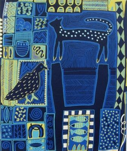 niebieska kompozycja z kotem, ptakiem, rybami