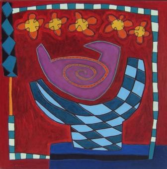 kompozycja czerwona-niebieska z wazą, ptakiem i kwiatami