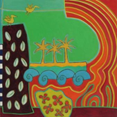 pejzaż z palmami, ptakami z przewagą zieleni i czerwieni, styl etno