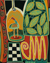 kompozycja z ptakiem i liśćmi, wielobarwna