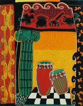 kolorowa martwa natura z bębnami i kolumną w stylu etno