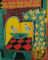 kompozycja z patkami, misą i kwiatami w stylu etno