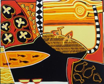 kompozycja z ptakami, łódkami, rybami w ciepłej żywej kolorystyce w stylu etno