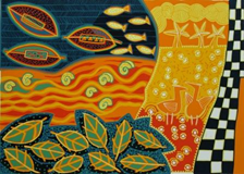 pejzaż z łódkami, rybami i ptakami w stylu etno