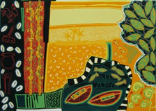 pejzaż z palmami, łódkami i rybami z przewagą żółtego koloru