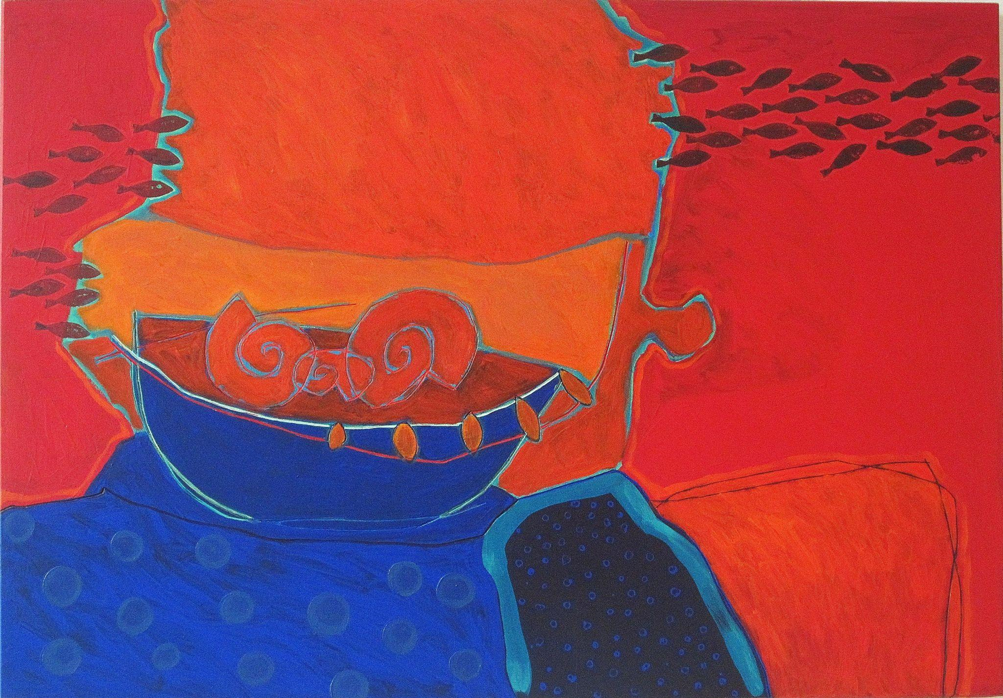 martwa natura z wazą i rybami, czerwono-szafirowa