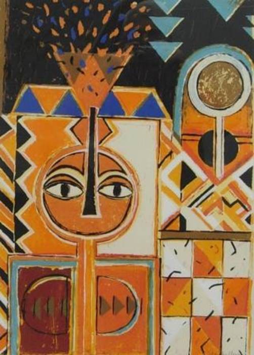 kompozycja w stylu etno przedstawiająca twarz , dominujący kolir pomarańczowy