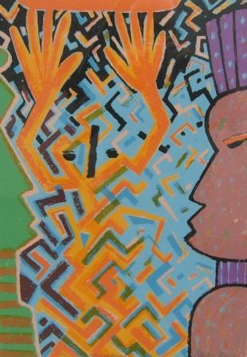 kompozycja w stylu etno przedstawiająca postać z profilu oraz postać z dużymi dłońmi