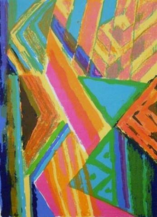 kompozycja w jaskrawej kolorystyce z geometrycznymi figurami