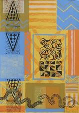 kompozycja żółto-niebieska przedstawiająca dwa węże i dwa trójkąty