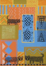 kompozycja żółto-pomarańczowo-niebieska z 3 kotami, 2 żółwiami i 2 trojkatami