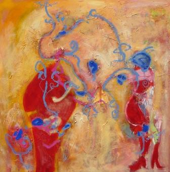 Ekspresyjny obraz olejny z abstrakcyjnymi postaciami w czerwieni i błękicie na złocistym tle, pełen dynamicznych linii i ruchu.