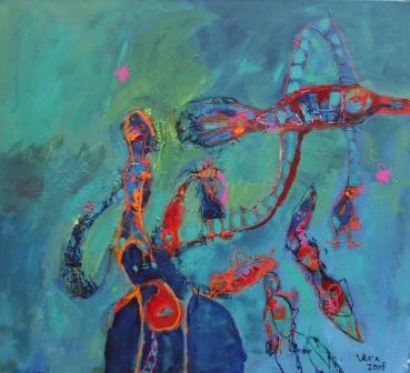 Abstrakcyjny obraz olejny w odcieniach turkusu z dynamicznymi, organicznymi kształtami i kontrastującymi czerwonymi akcentami.