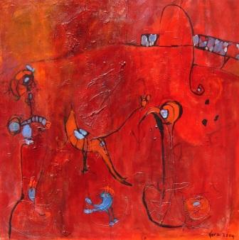 Abstrakcyjny obraz olejny w intensywnej czerwieni z organicznymi kształtami w odcieniach niebieskiego, pomarańczowego i czerni.