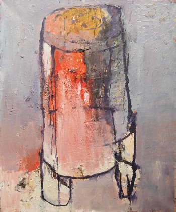 Abstrakcyjny obraz, jasna, pastelowa forma. pomarańczowy, szary, czerwony, kontur