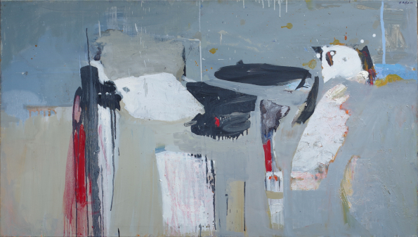 Obraz abstrakcyjny z odważnymi czarnymi i czerwonymi pociągnięciami na stonowanym szarym tle, sugerujące ruch i emocje poprzez fakturę.