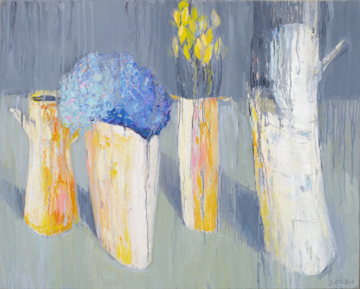 martwa natura, kwiaty, dzbany, wazony, żółty, niebieski, biały, szary