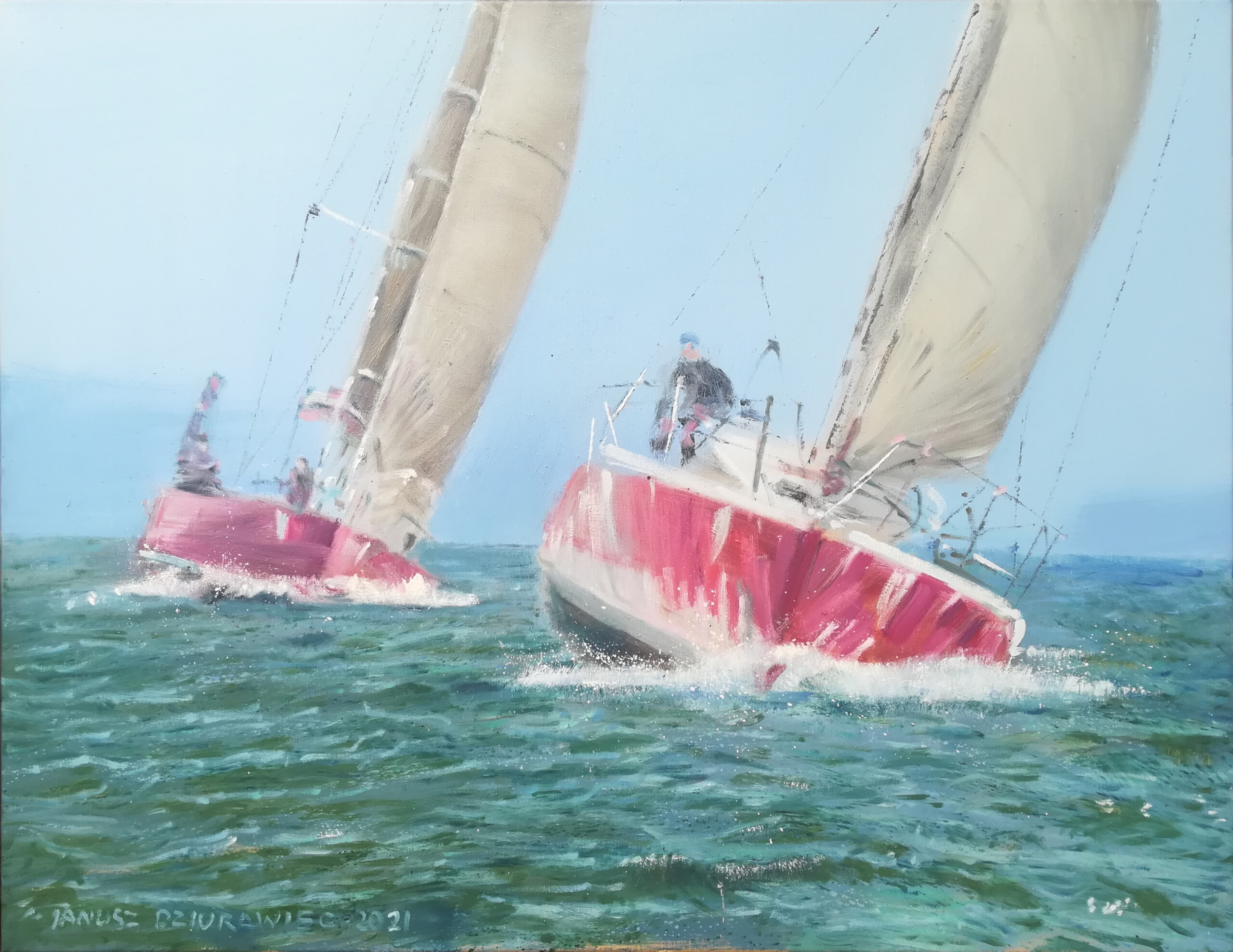dwa jachty płynące od wiatr