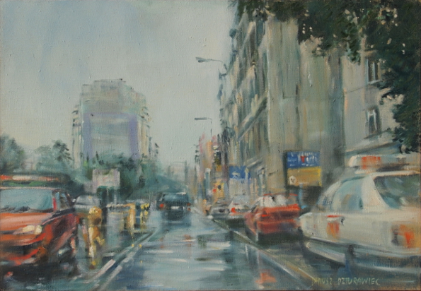 ulica w dużym mieście , samochody parkujące , wysokie budynki