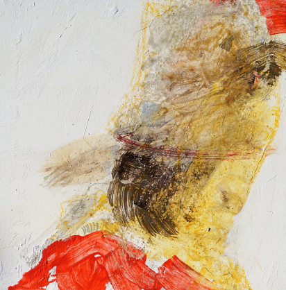 Abstrakcyjny obraz olejny z dynamicznymi fakturami w bieli, żółci i czerwieni, tworzący wrażenie ruchu i ekspresji.