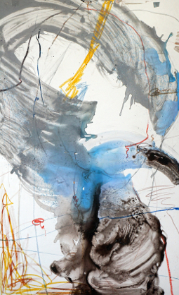 abstrakcyjny obraz z niedokładnie zamalowaną dynamiczną formą ożywioną niebieskim i żółtym akcentem kolorystycznym