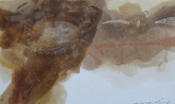 Obraz olejny w odcieniach brązu i beżu, z organicznymi formami i subtelną grą światła, nadającą mu eteryczny, abstrakcyjny charakter.