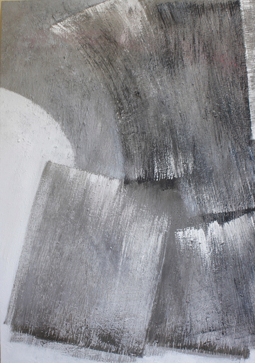 Obraz w odcieniach czerni, bieli i szarości, z dynamicznymi, ekspresyjnymi pociągnięciami, oddający wrażenie ruchu i głębi.