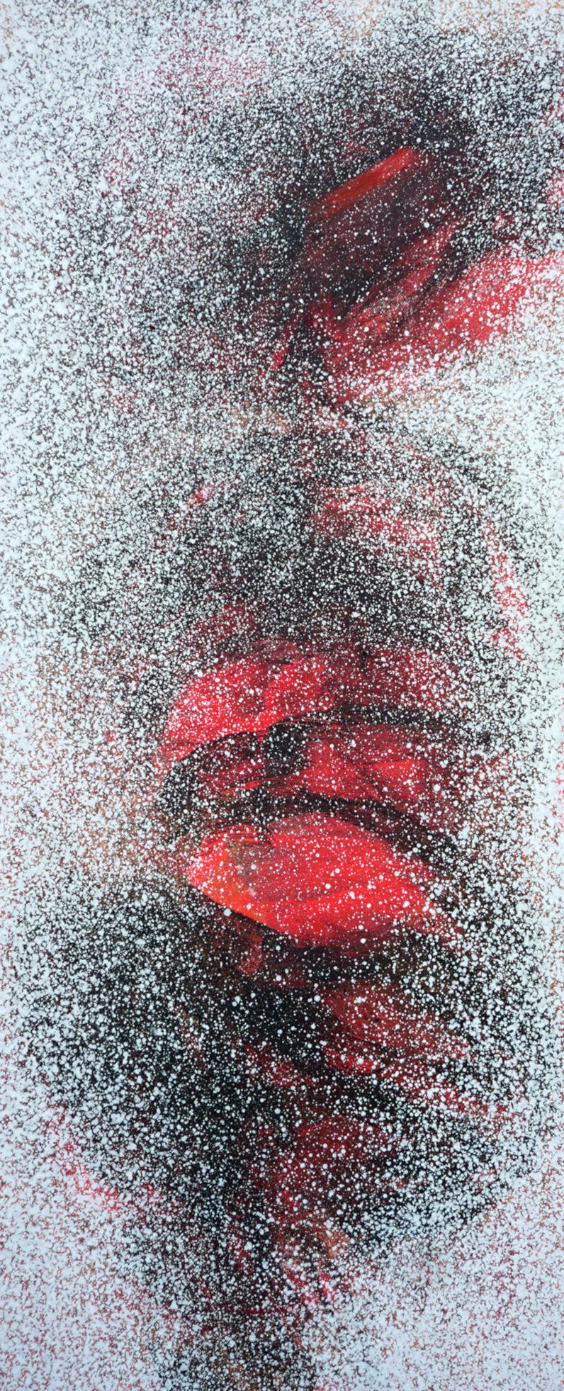 Obraz na płótnie z czerwonymi formami otoczonymi czernią i bielą, przypominającymi organiczne ślady ukryte w czasie.